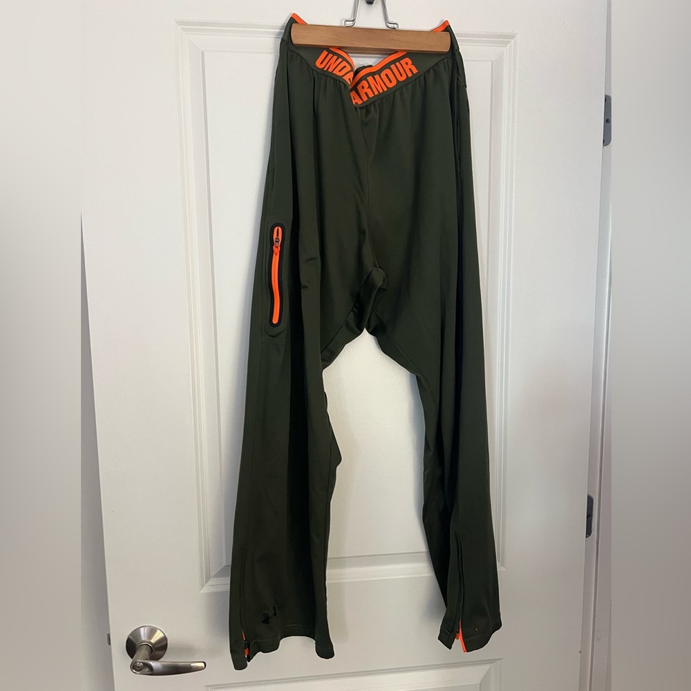 Under Armour Olive Green Joggers with Neon Orange Accents